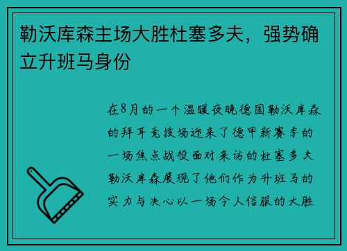 勒沃库森主场大胜杜塞多夫，强势确立升班马身份